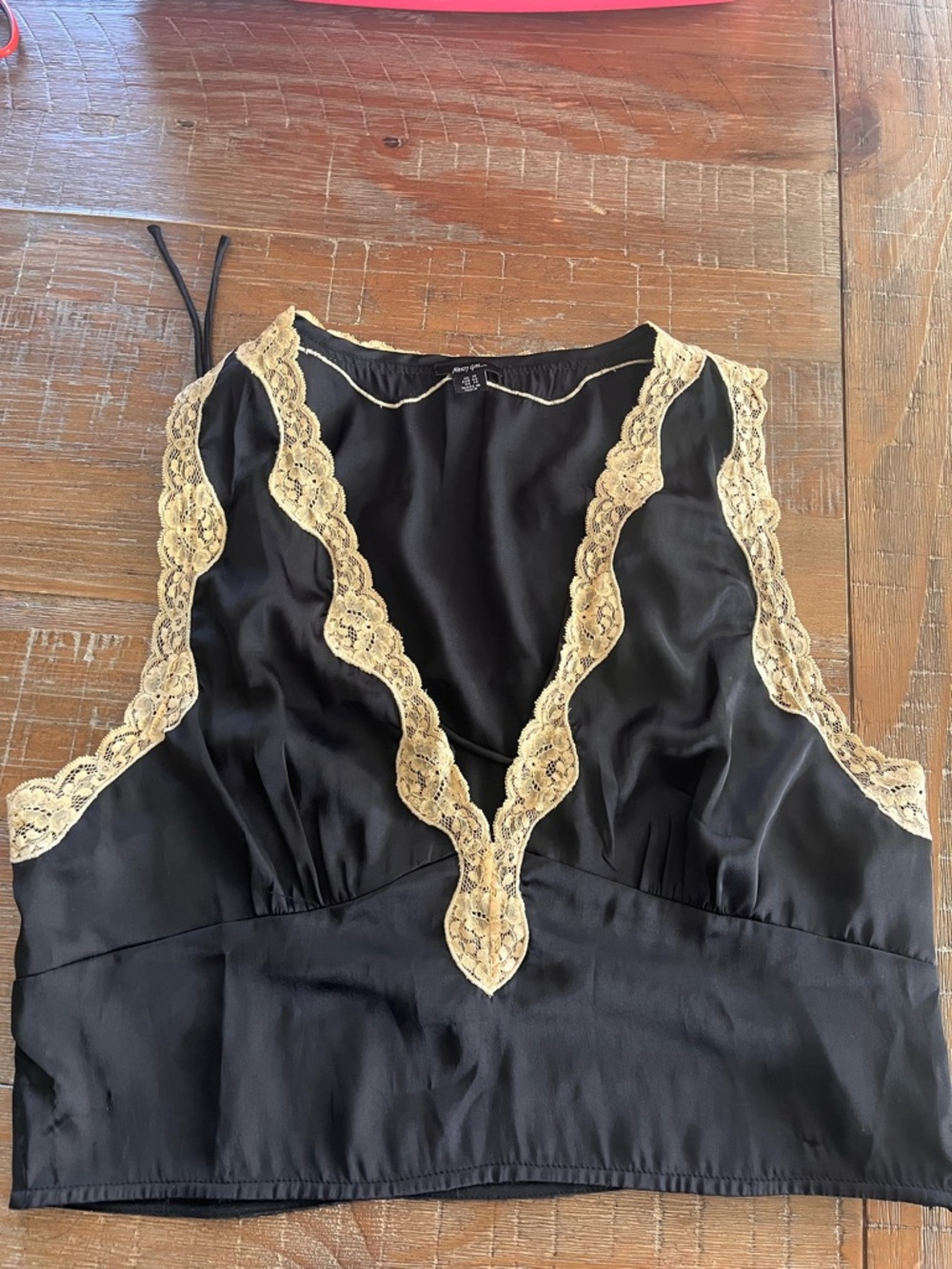 Nasty Gal Black Satin Tank with Cream Lace Trim